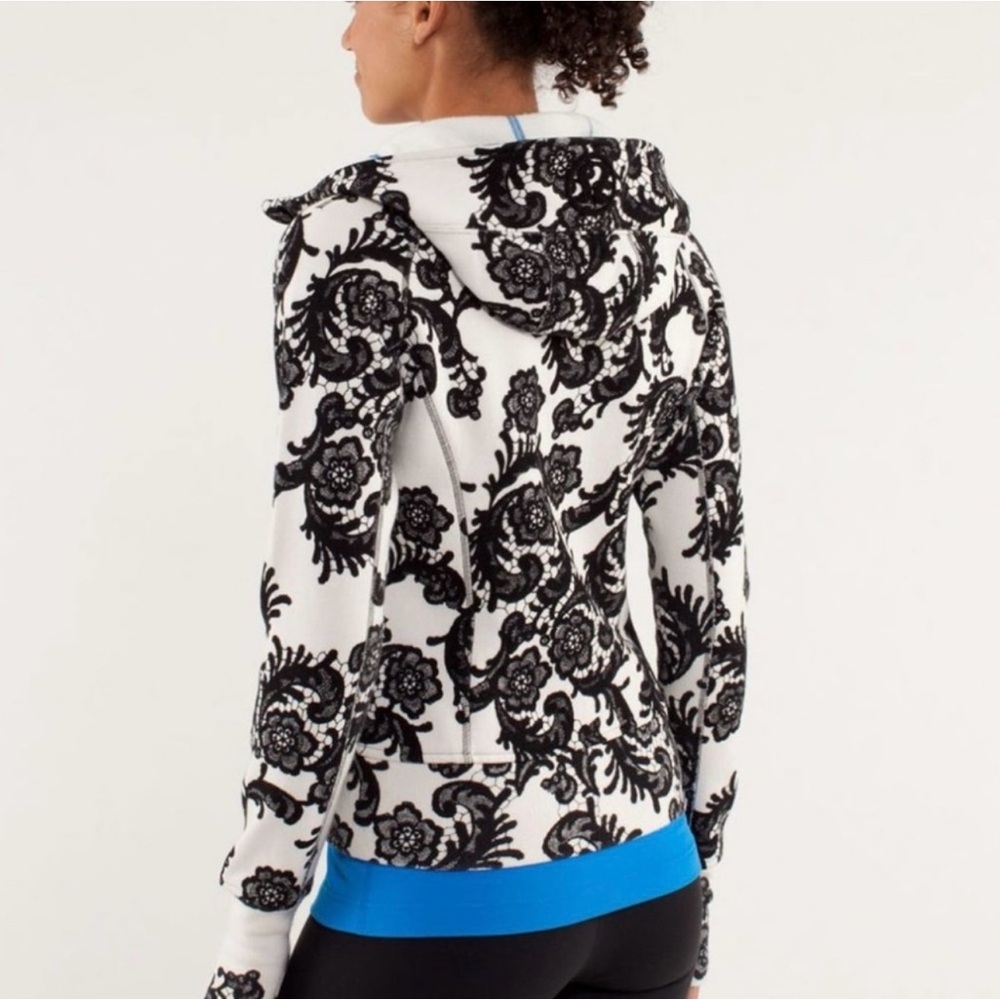 Lululemon women’s Black White Floral Full Zip Scuba Hoodie Sweatshirt Jacket
